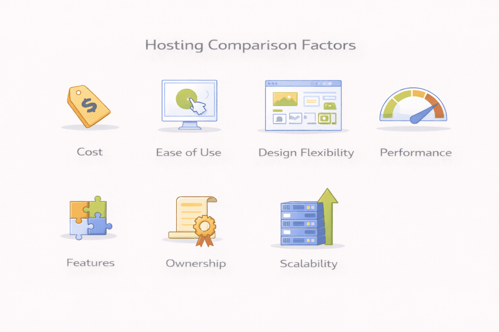 Website builder vs web hosting comparison factors like cost, ease of use, and performance.