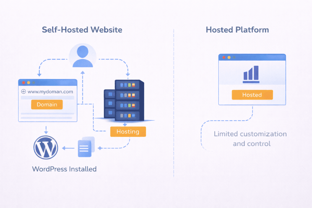 Diagram showing self-hosted website control versus hosted blogging platforms