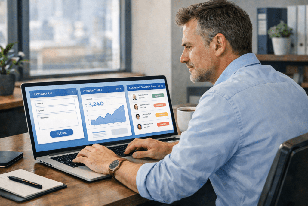 Blogger writing and managing a blog website on a laptop
