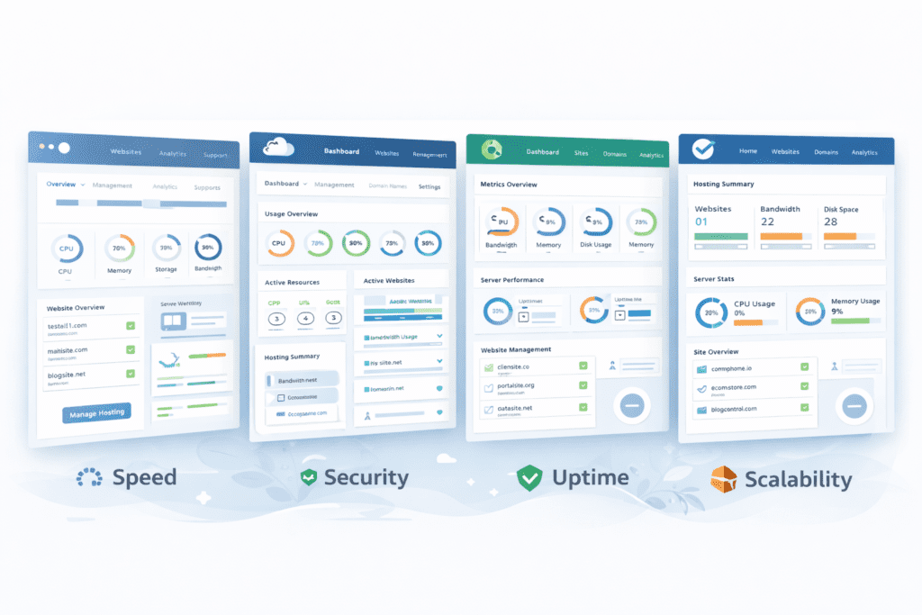 Web hosting control panels showing speed, security, uptime, and scalability metrics