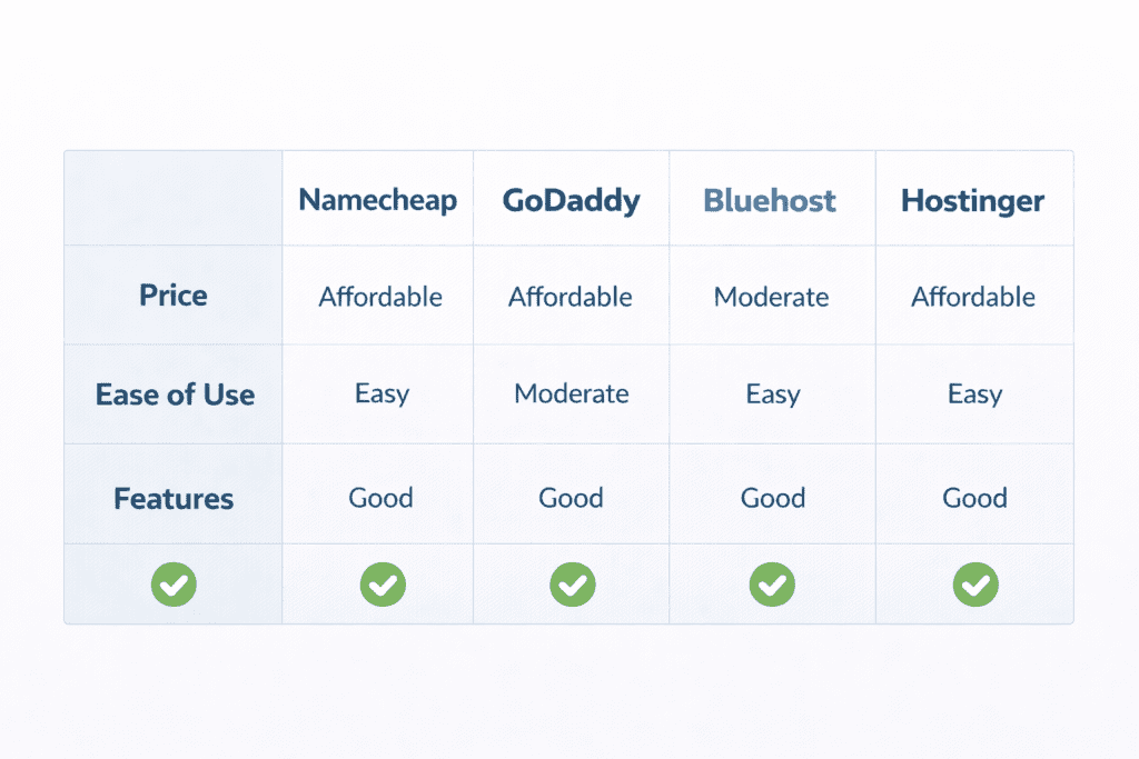 Namecheap vs GoDaddy vs Bluehost vs Hostinger comparison