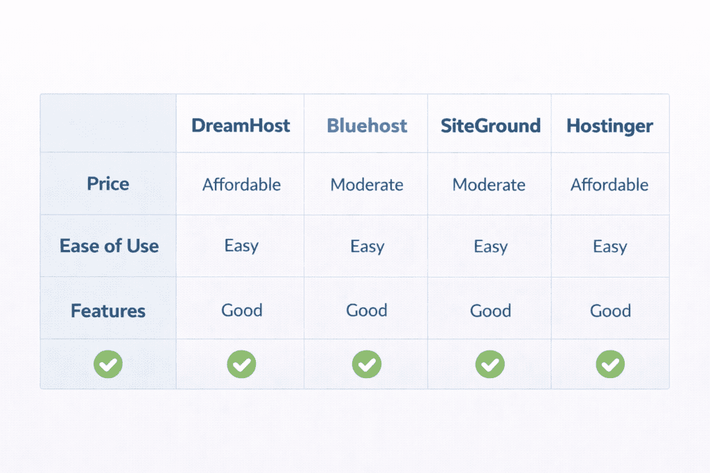 DreamHost compared with Bluehost, SiteGround, and Hostinger