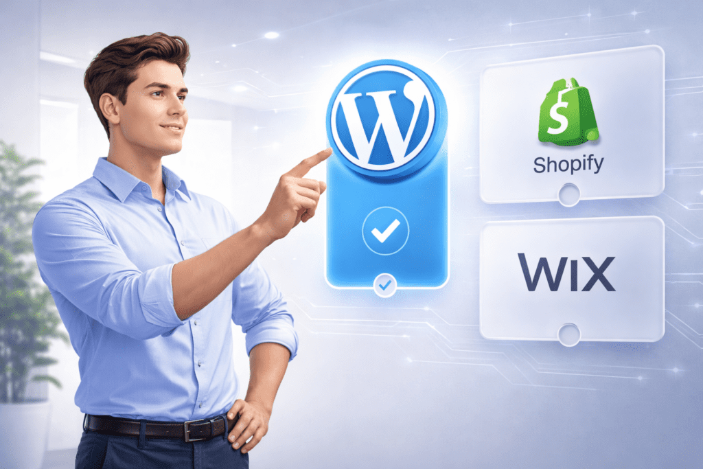 Person selecting WordPress instead of Shopify and Wix for building a website