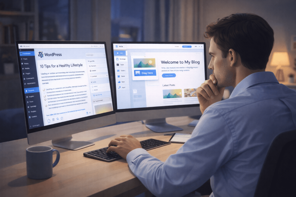 Blogger comparing WordPress and Wix dashboards side by side