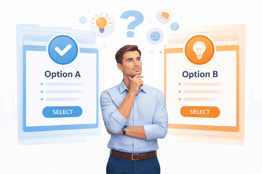 Person choosing between two hosting options labeled Option A and Option B