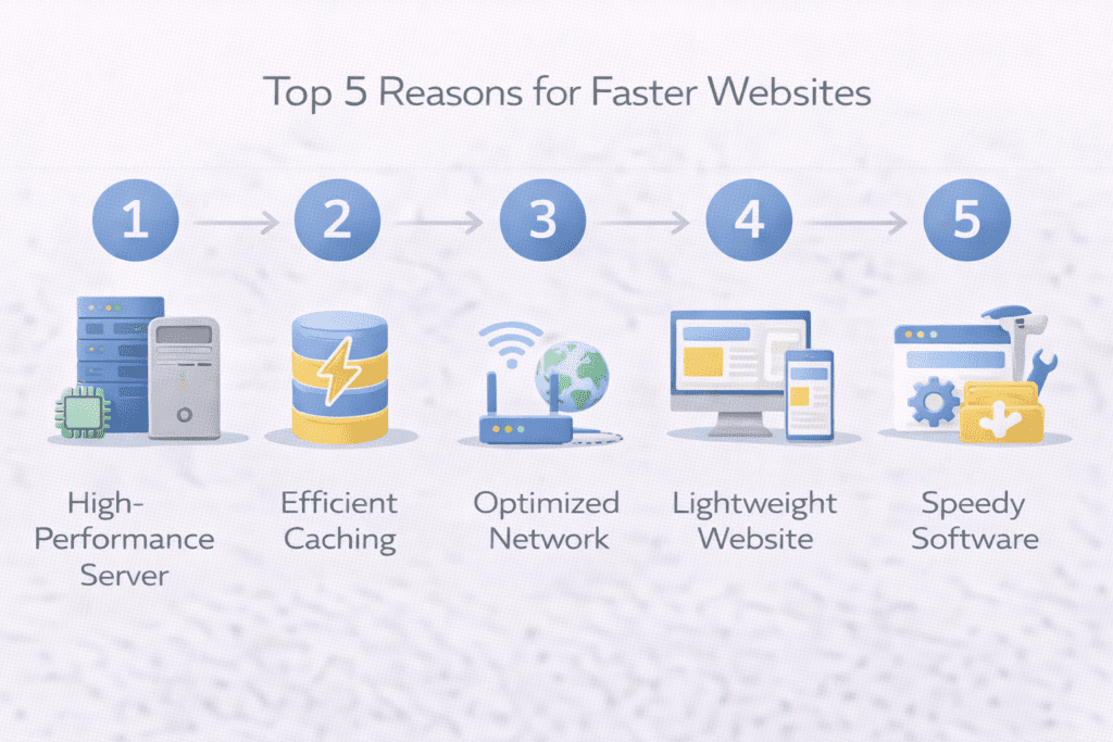 Top reasons for faster websites including caching and optimized networks.