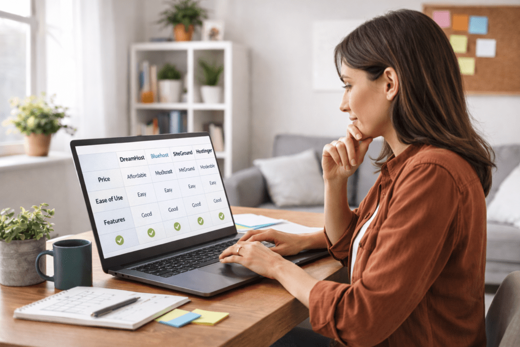 Person comparing web hosting providers on a laptop