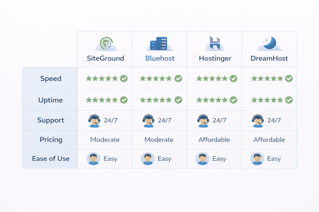 SiteGround compared with Bluehost, Hostinger, and DreamHost
