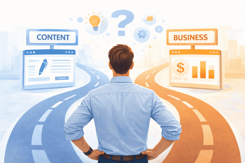 Person choosing between content blog and business website paths