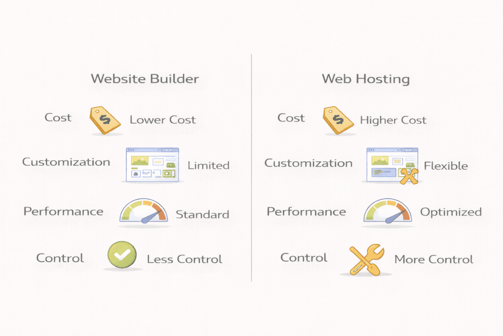 Website builder vs web hosting feature comparison chart.