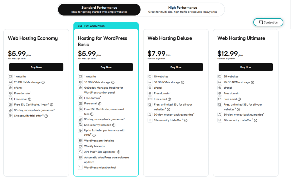 GoDaddy hosting plans with pricing and features