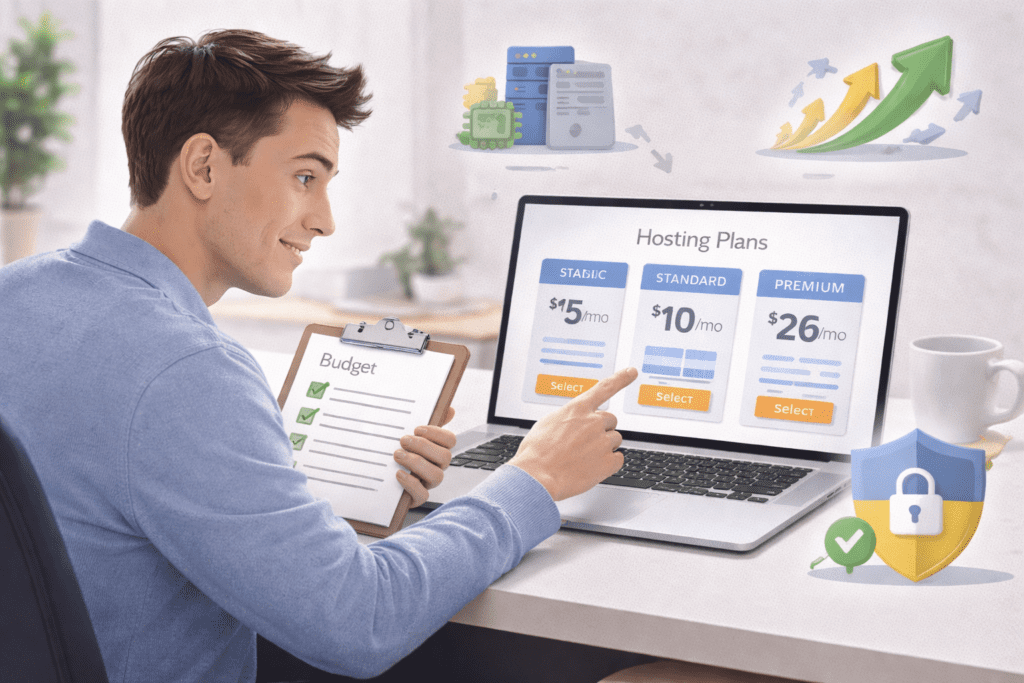 User comparing different website hosting plans on laptop