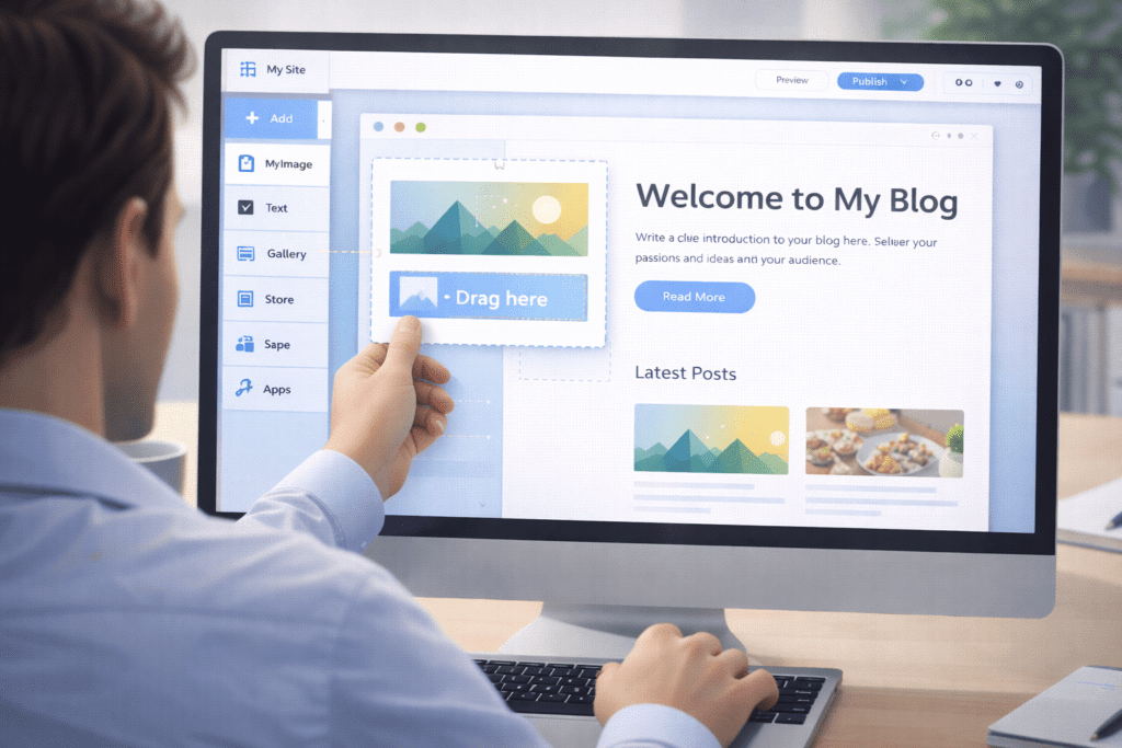 Blogger using Wix drag and drop editor to build a blog website