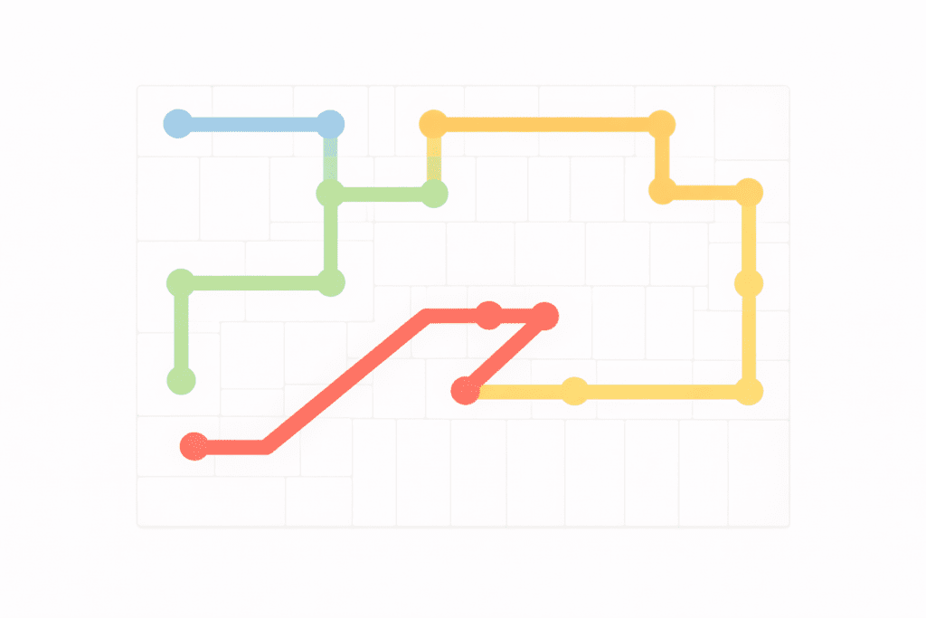 NYT Strands puzzle grid with colorful connected paths for February 06, 2026.