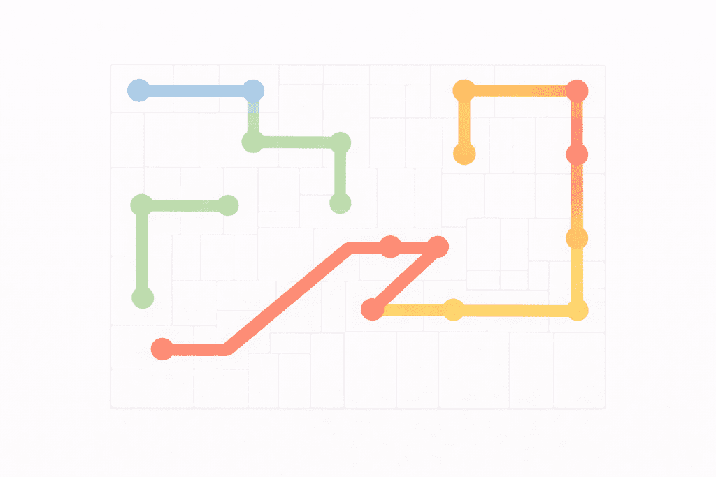 NYT Strands puzzle grid with colorful connected paths for February 08, 2026.