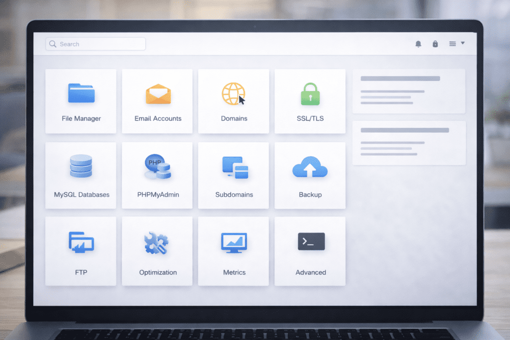 Hosting control panel dashboard with file manager, domains, SSL, and database tools