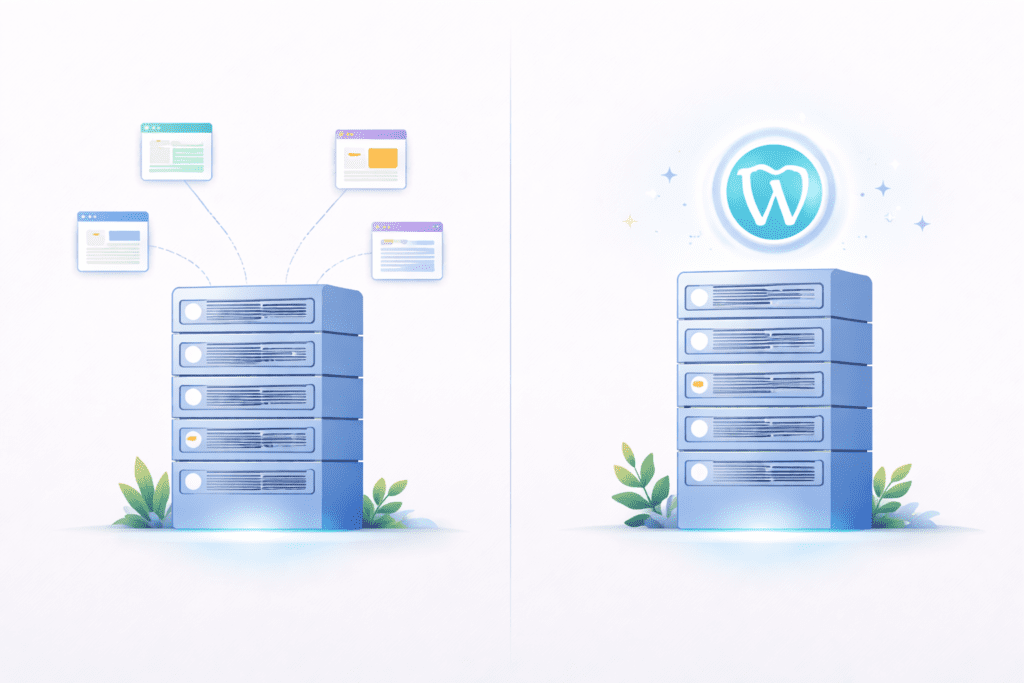Shared vs Managed WordPress Hosting comparison showing multiple websites on a shared server and a dedicated WordPress server