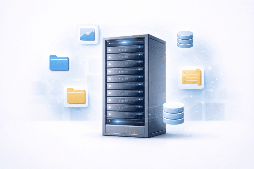 Web hosting storage server with files and database icons around it