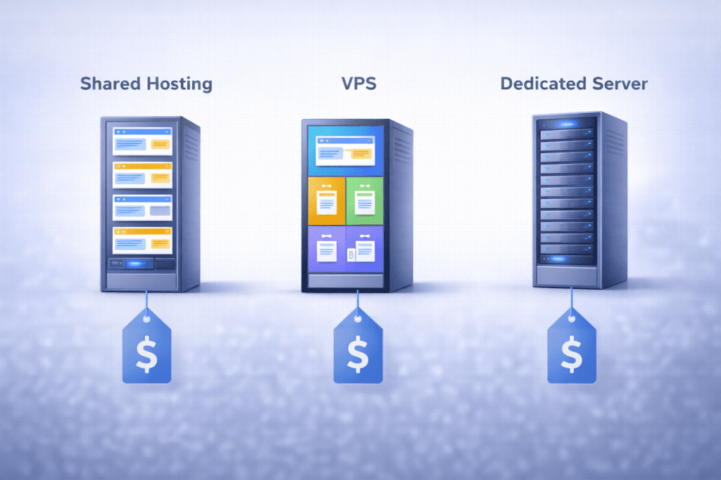 VPS hosting cost comparison between shared hosting VPS and dedicated server pricing