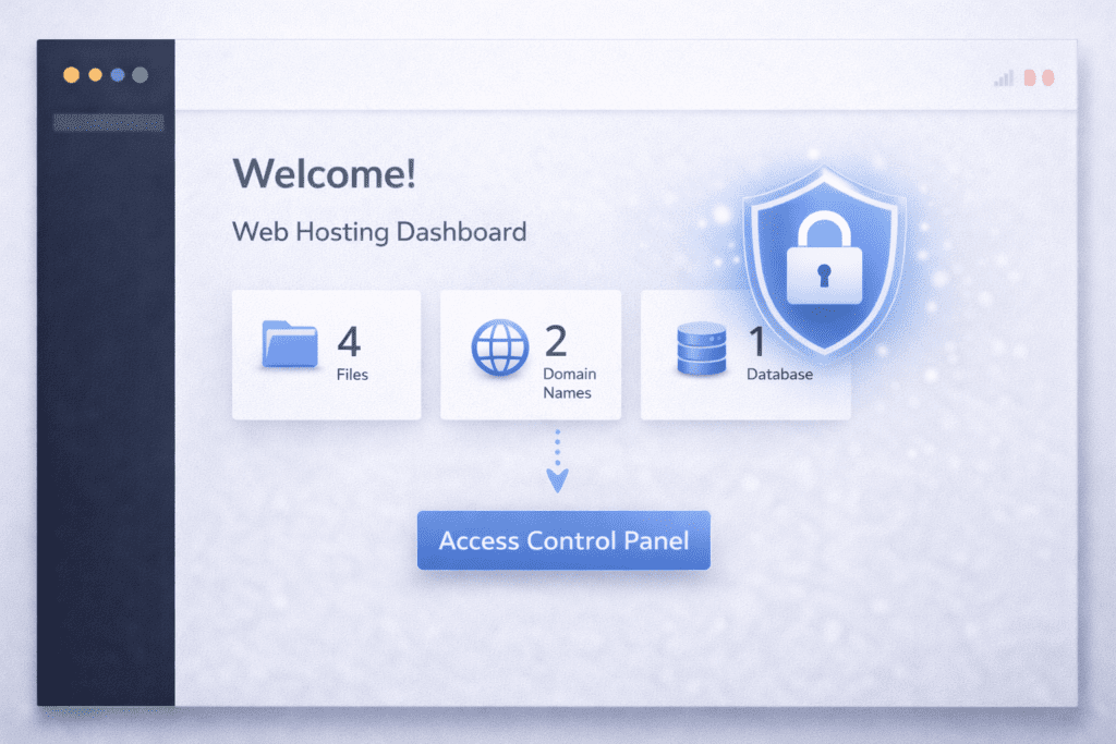 Web hosting control panel welcome screen with domain and database summary