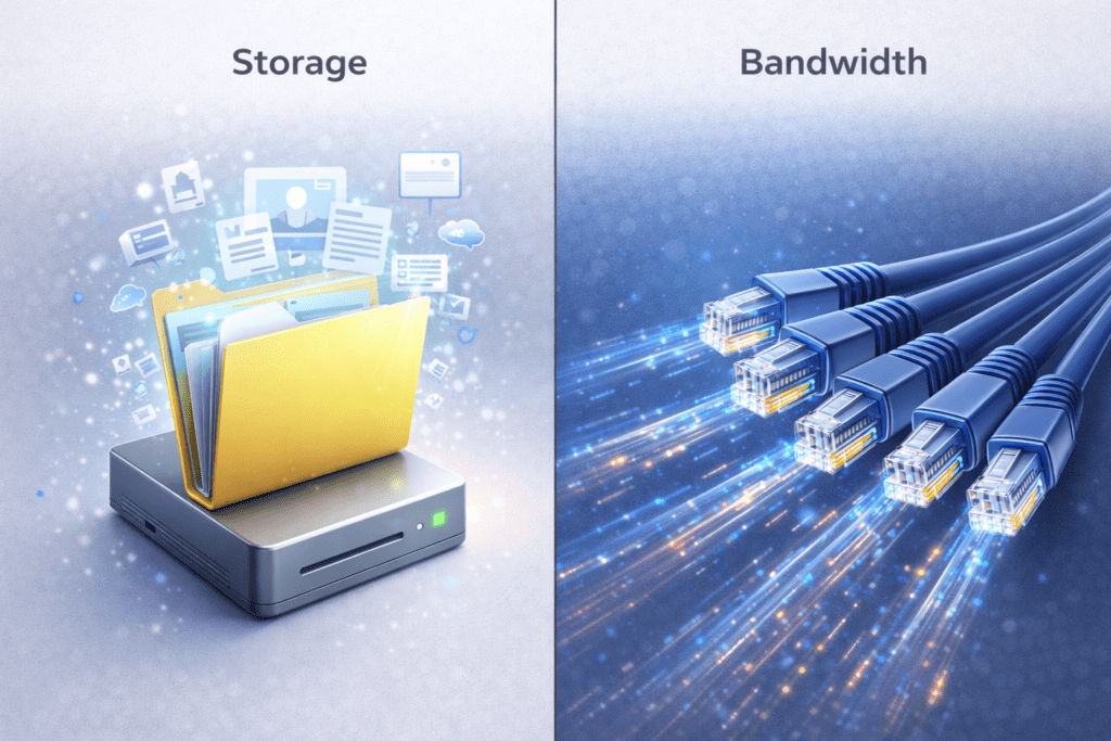 Web hosting storage comparison showing storage vs bandwidth