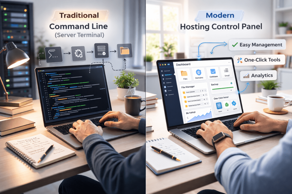 Traditional command line vs modern cPanel hosting control panel comparison