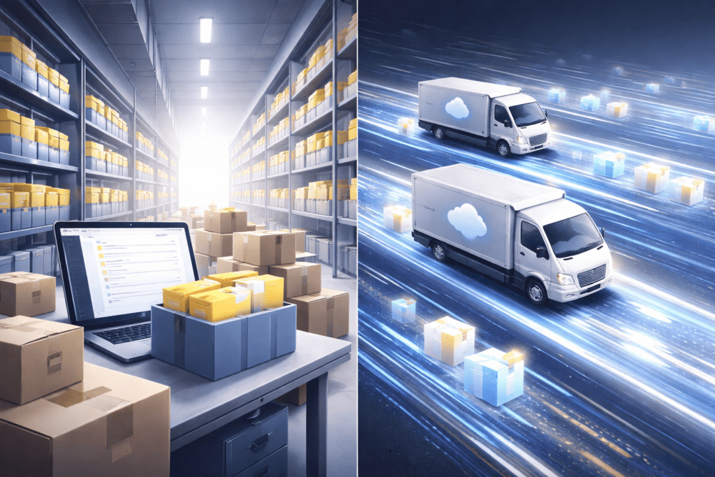 Warehouse shipping boxes compared to data transfer speed online