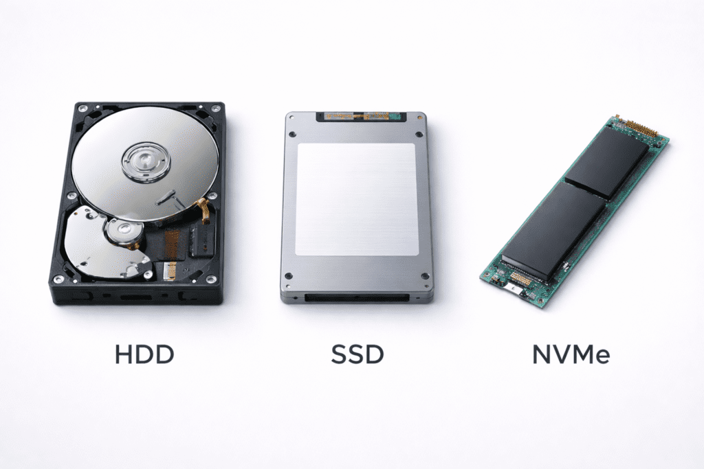 HDD vs SSD vs NVMe drives used in web hosting storage