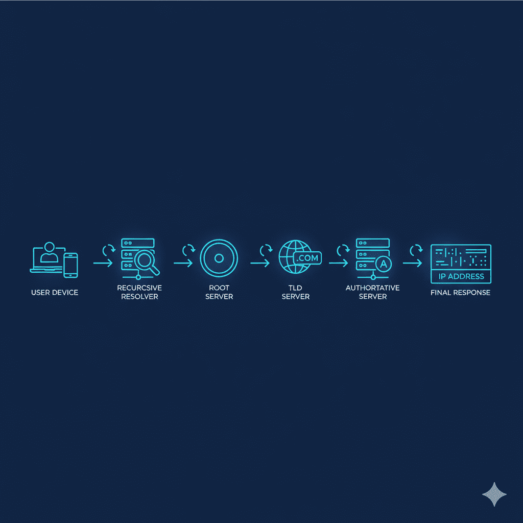 Step-by-step DNS lookup process from user device to authoritative server
