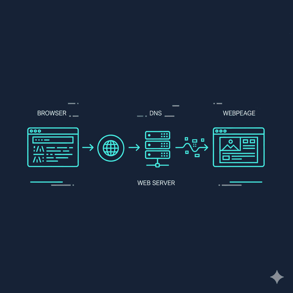 Browser sending request through DNS to web server and loading a webpage