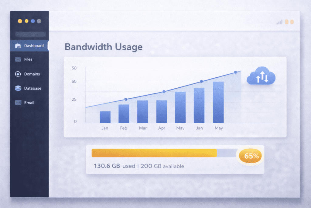 Hosting dashboard showing bandwidth usage chart and monthly data limit