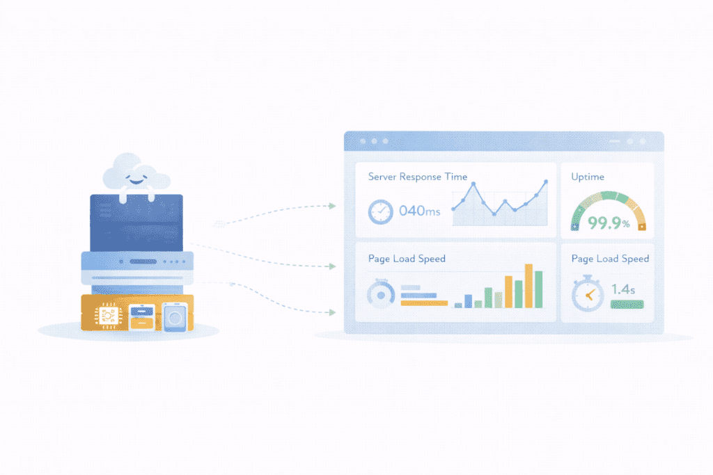 hosting performance metrics dashboard showing uptime server response time and page speed