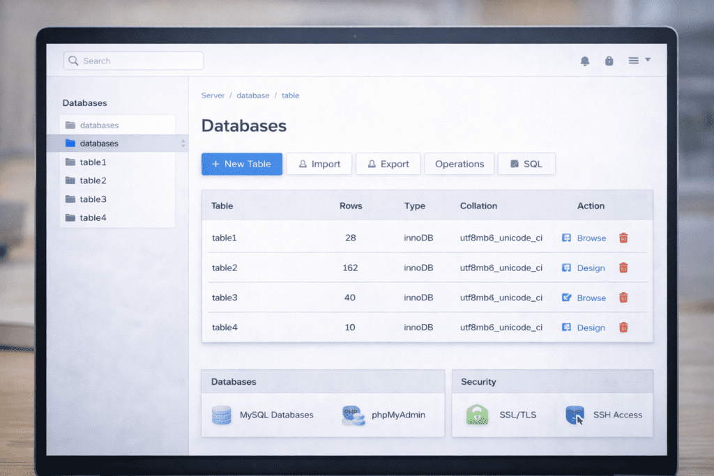 Database management section in a hosting control panel with MySQL tables