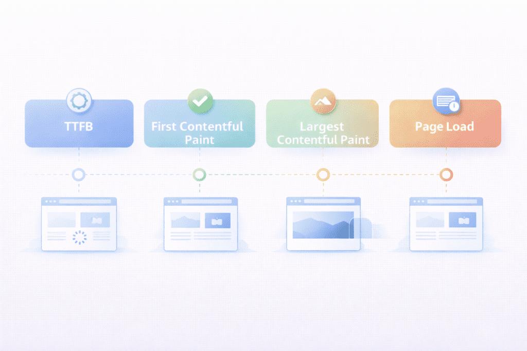 website performance metrics timeline including server response and page load stages