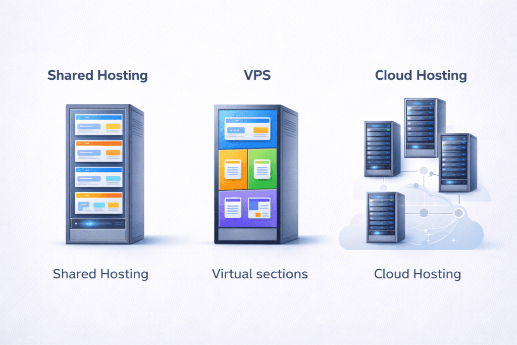Shared hosting vs VPS vs cloud hosting storage comparison