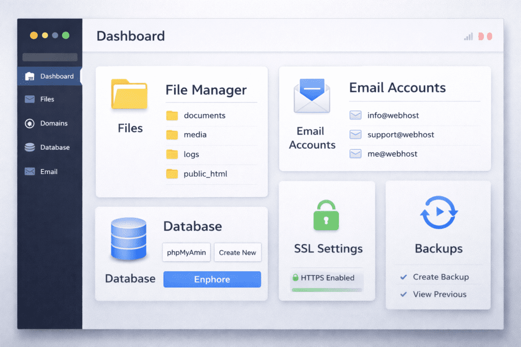 cPanel dashboard sections including file manager, email accounts, database, SSL, and backups