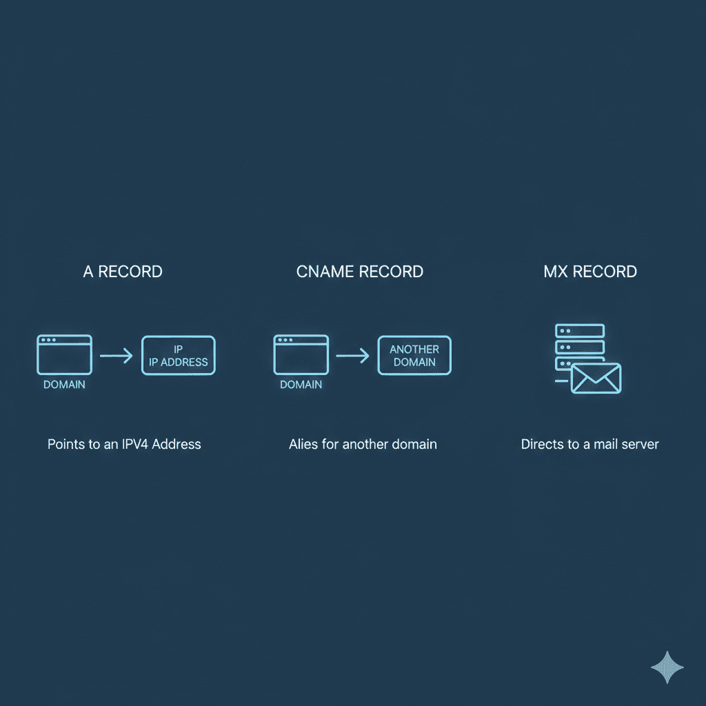 DNS record types including A record CNAME record and MX record