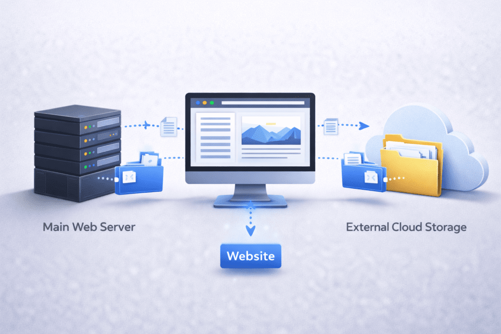 Main web server connected to external cloud storage for website files