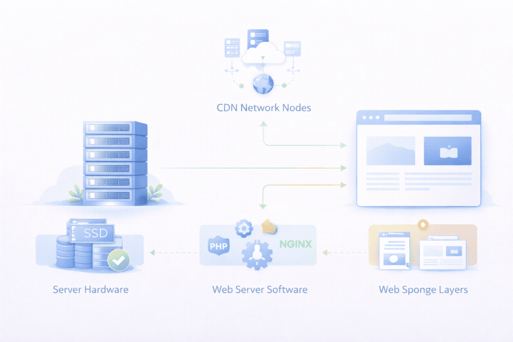 factors affecting hosting performance including CDN server hardware and web server software