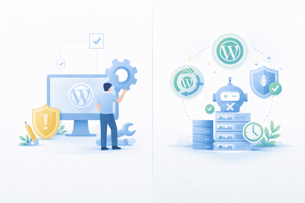 Manual WordPress maintenance compared with automated managed WordPress hosting tools