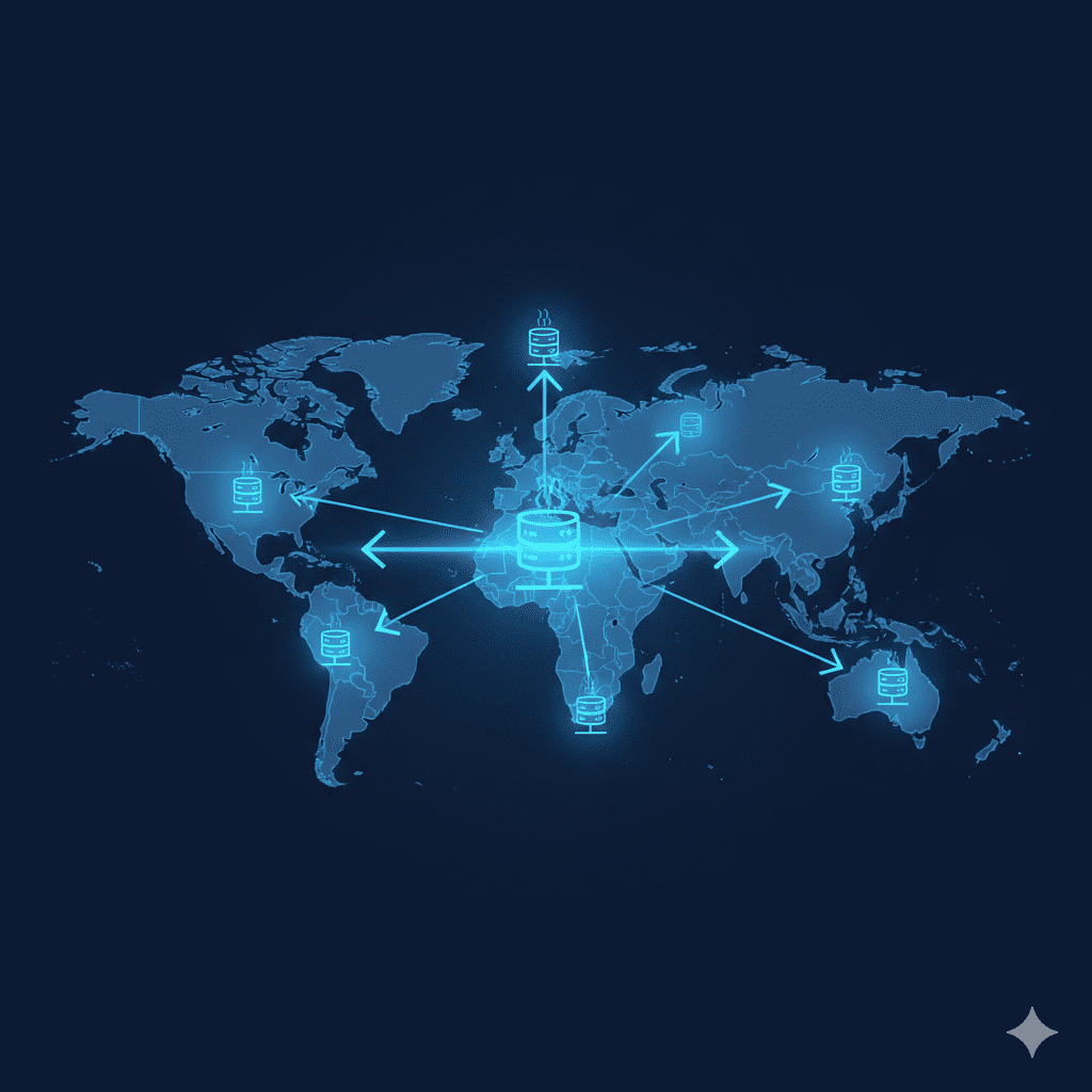 Global DNS server network distributing domain requests worldwide