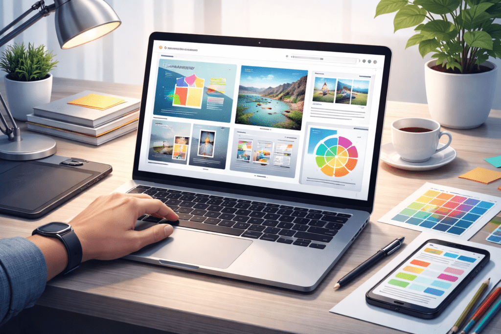 Designer creating a portfolio website on a laptop with images and layout previews