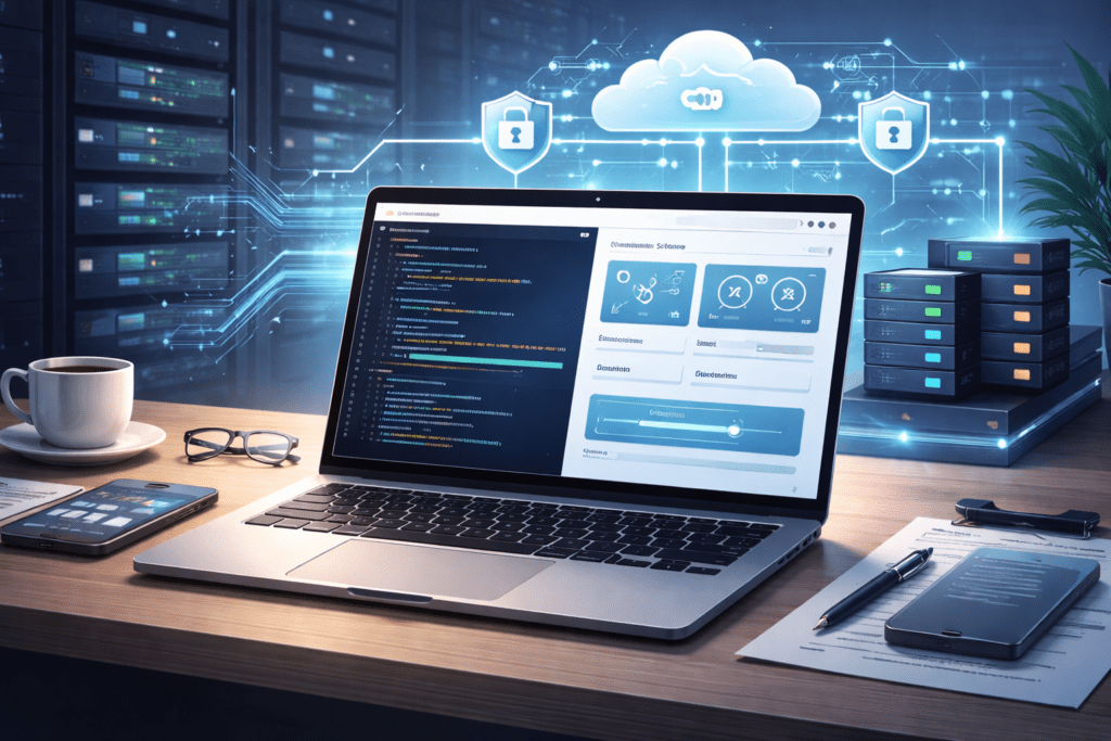 vps for developers working on code with cloud server hosting and security icons