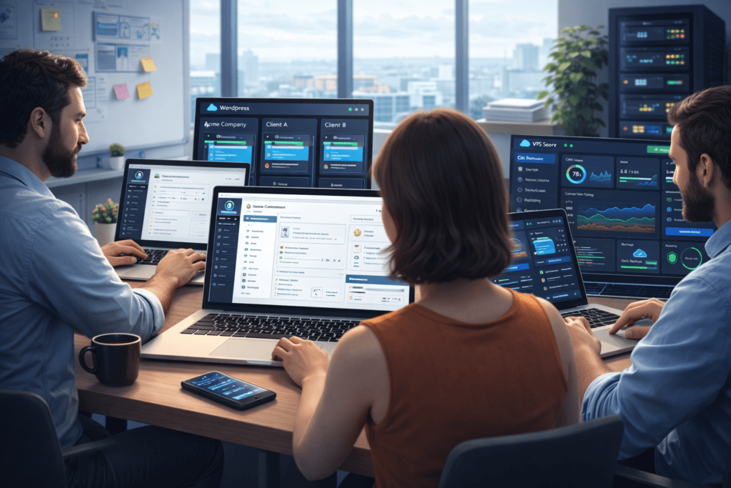 Digital agency team managing multiple client websites using hosting dashboards