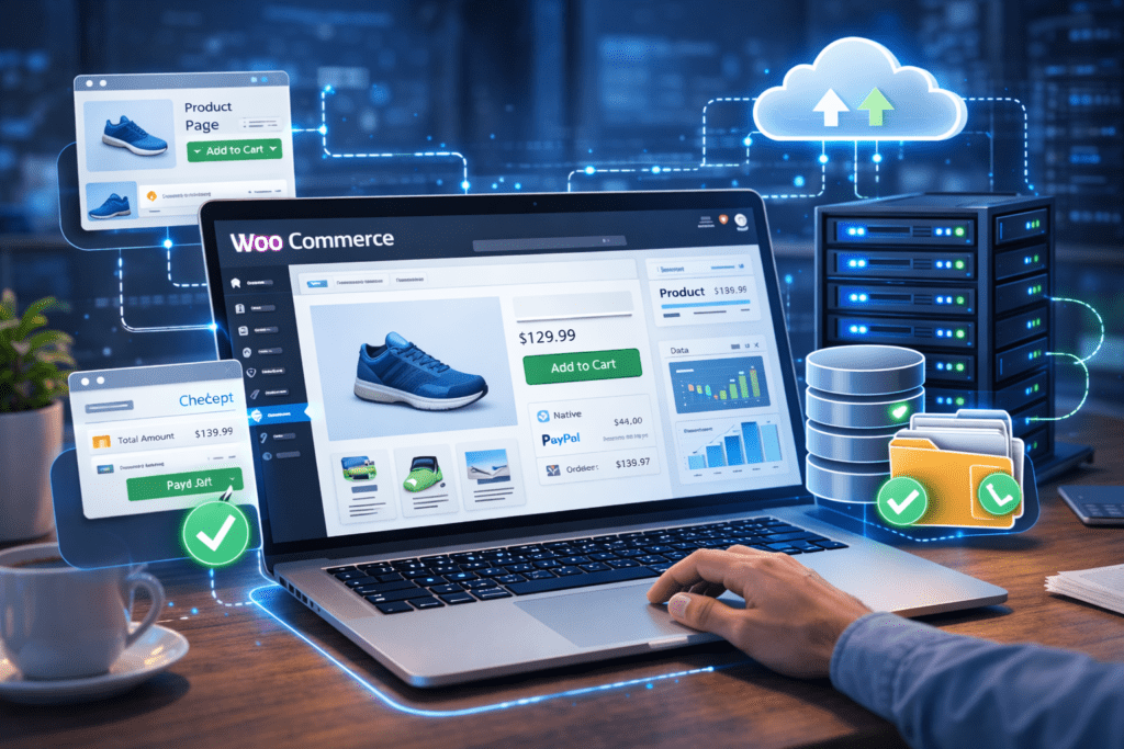 WooCommerce online store dashboard running on cloud hosting with secure servers