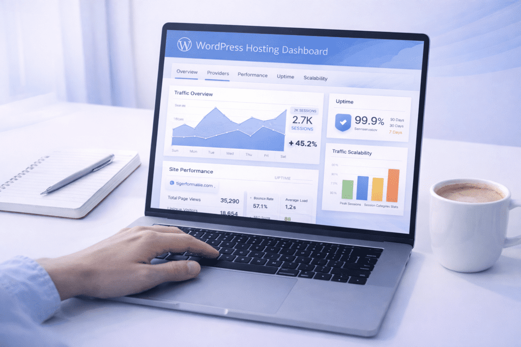 WordPress hosting dashboard showing traffic analytics uptime and performance metrics