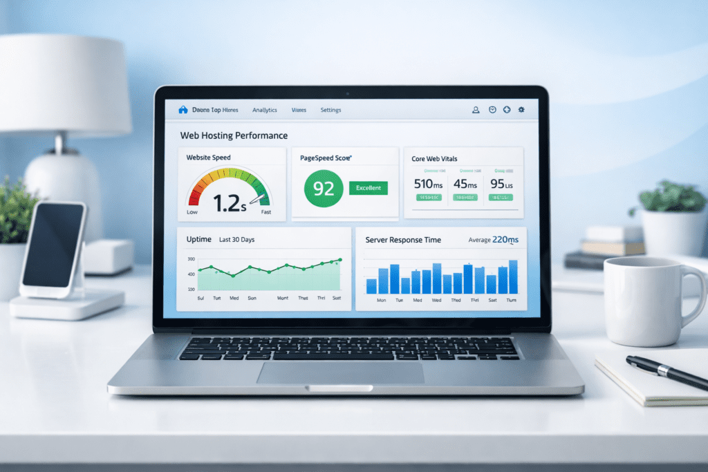 web hosting performance dashboard showing speed uptime and core web vitals metrics