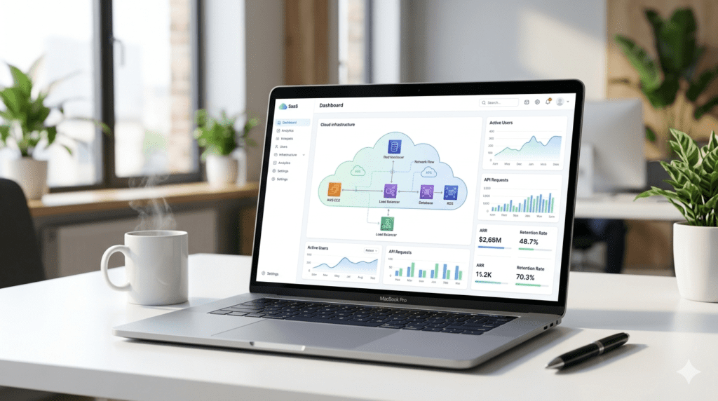 saas hosting dashboard showing cloud infrastructure analytics and performance metrics