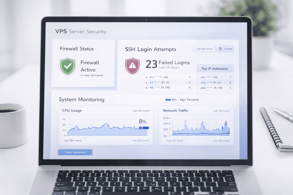 vps security dashboard showing firewall status ssh login attempts and system monitoring