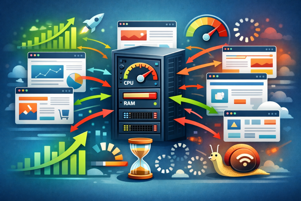 Server performance issues showing CPU usage, RAM load, and slow website speed